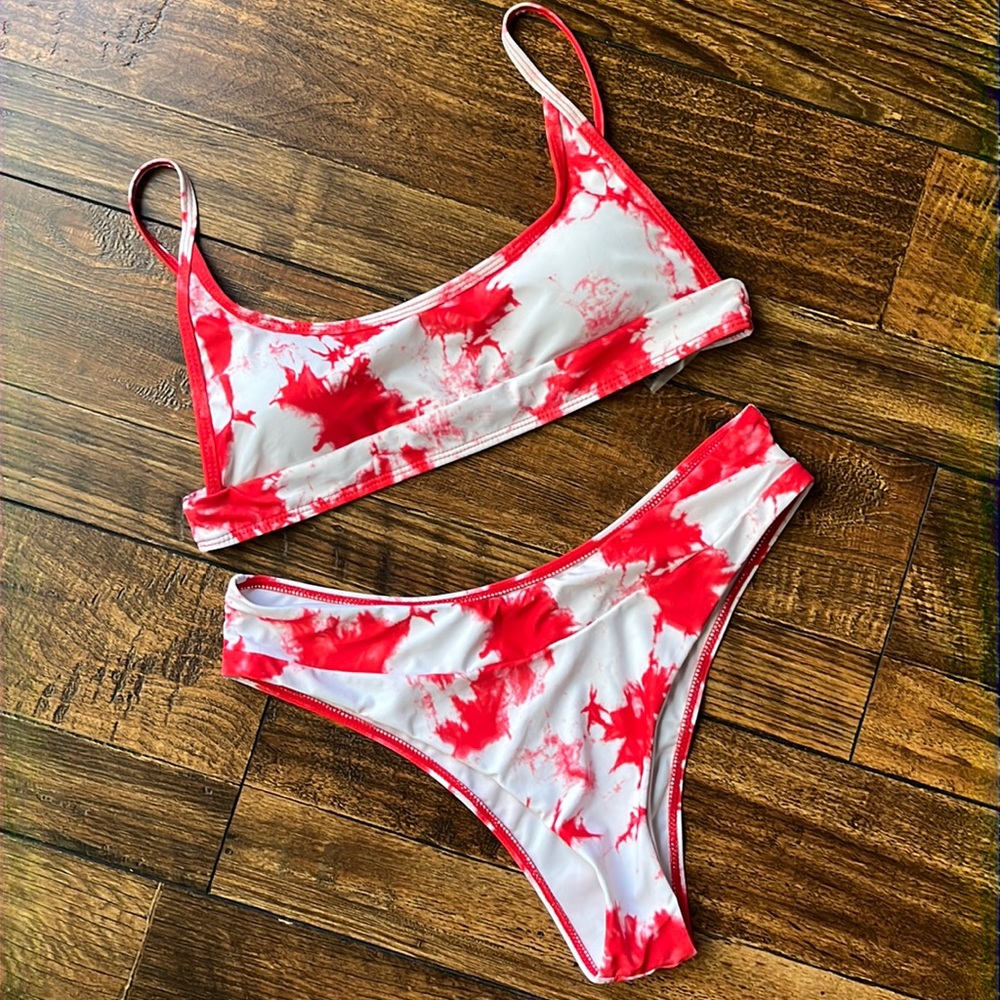 SHEIN 2piece bikini red/white tie dye print